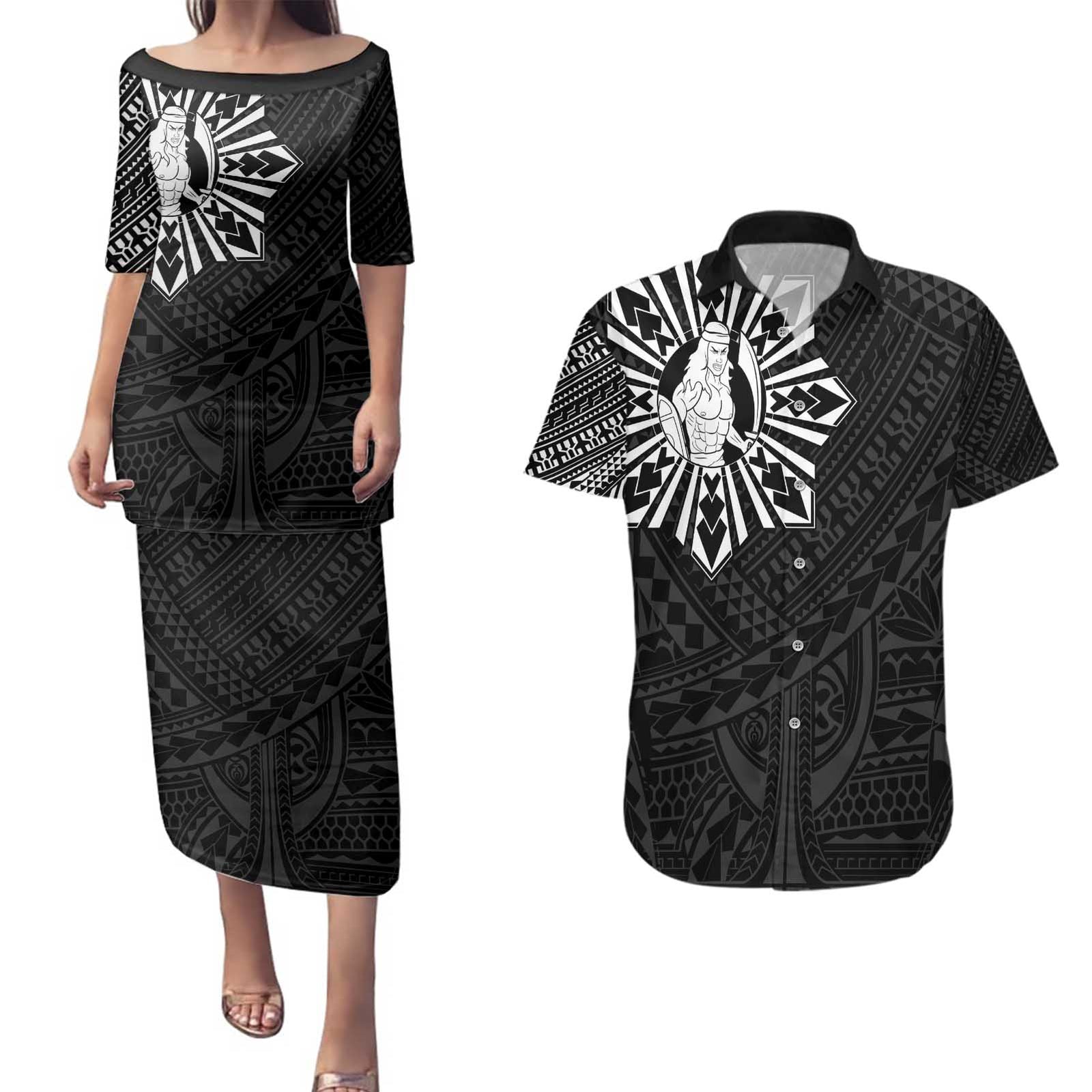 Philippines Tribal Couples Matching Puletasi and Hawaiian Shirt King Lapu Lapu Black Version