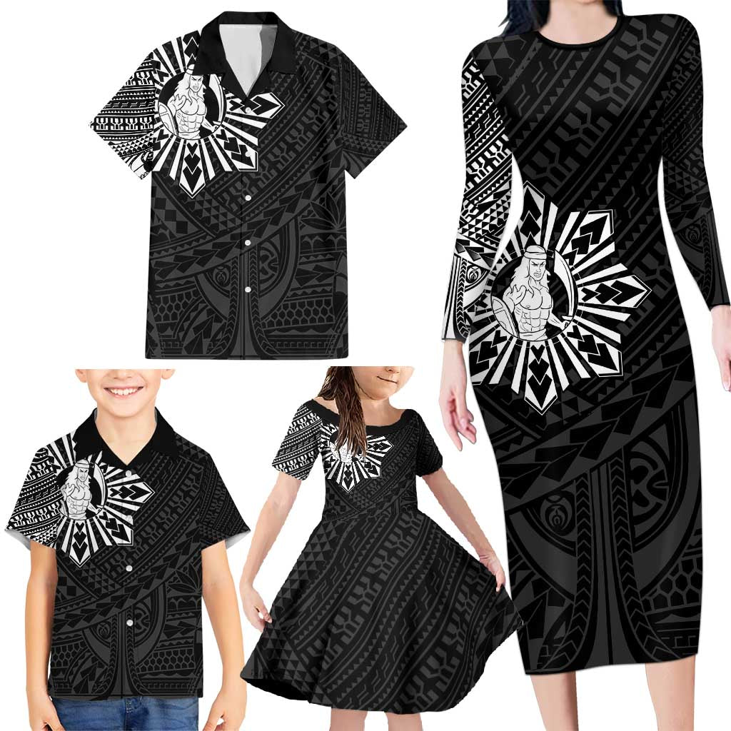 Philippines Tribal Family Matching Long Sleeve Bodycon Dress and Hawaiian Shirt King Lapu Lapu Black Version