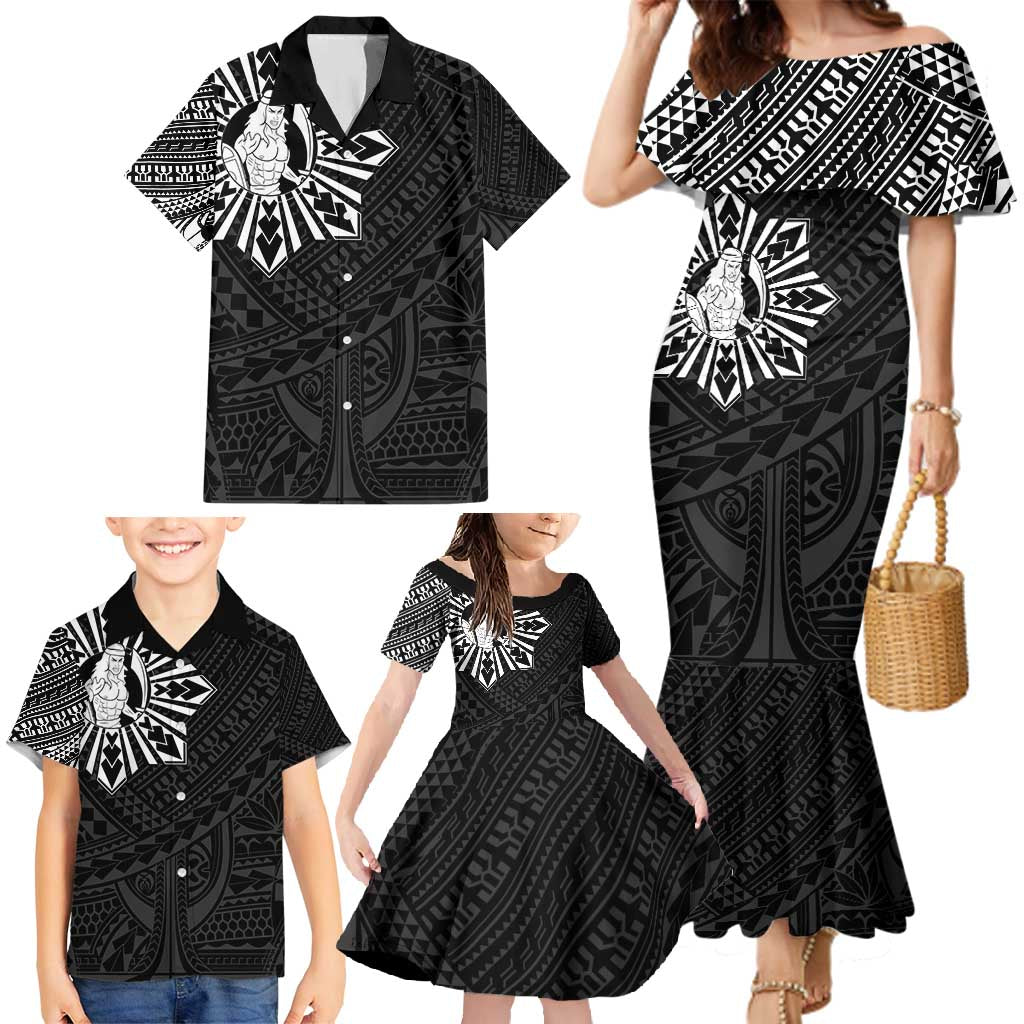 Philippines Tribal Family Matching Mermaid Dress and Hawaiian Shirt King Lapu Lapu Black Version