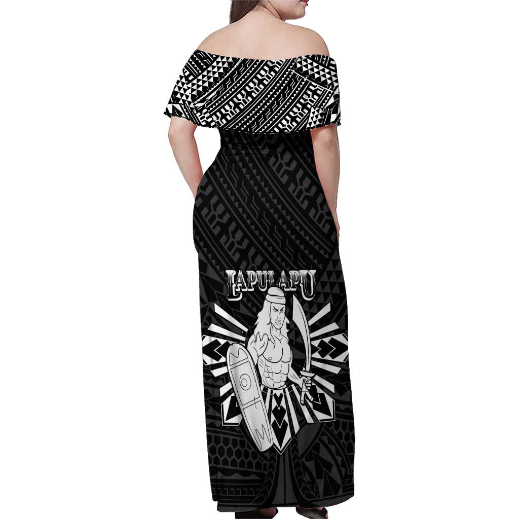 Philippines Tribal Family Matching Off Shoulder Maxi Dress and Hawaiian Shirt King Lapu Lapu Black Version