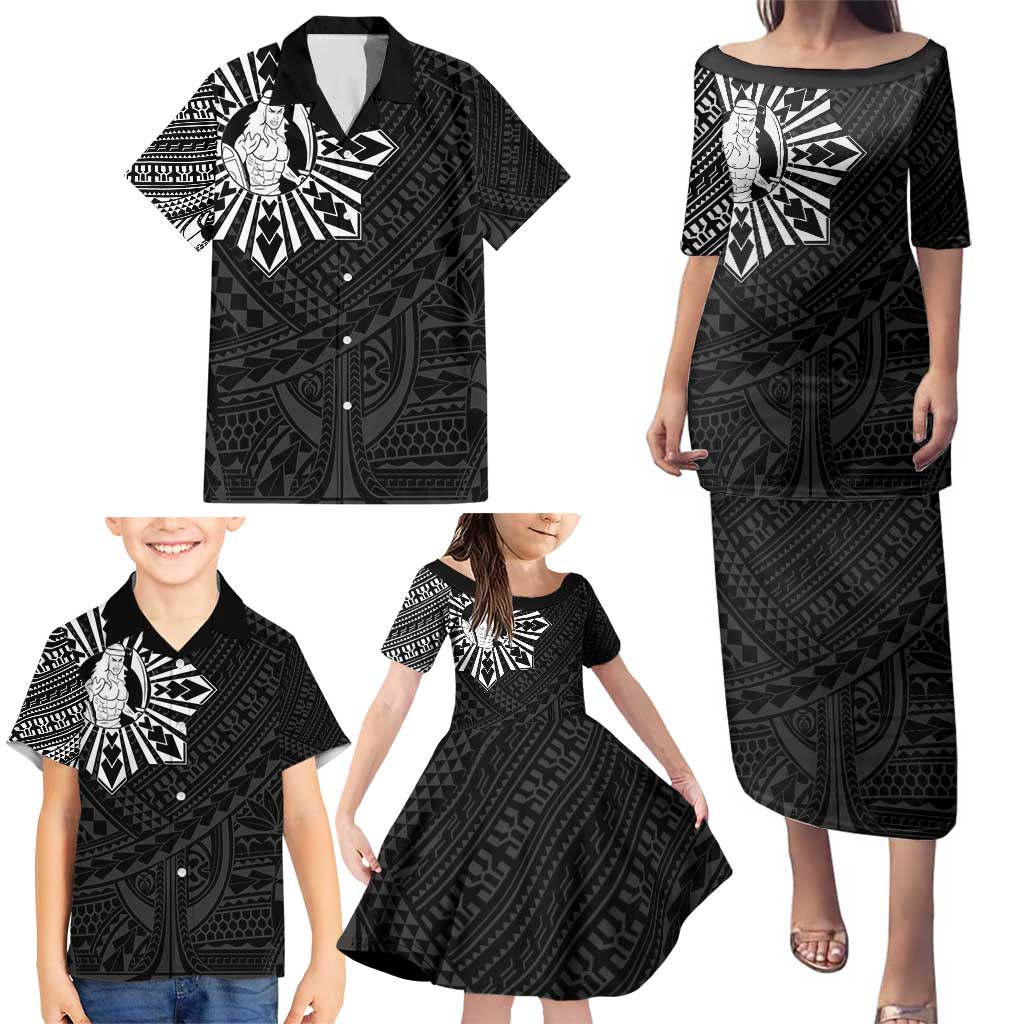 Philippines Tribal Family Matching Puletasi and Hawaiian Shirt King Lapu Lapu Black Version