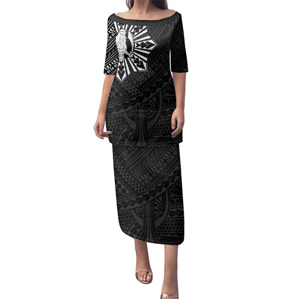 Philippines Tribal Family Matching Puletasi and Hawaiian Shirt King Lapu Lapu Black Version