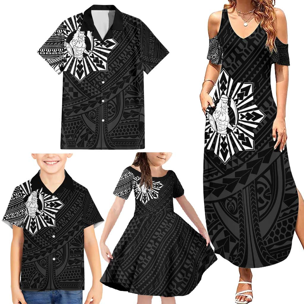 Philippines Tribal Family Matching Summer Maxi Dress and Hawaiian Shirt King Lapu Lapu Black Version