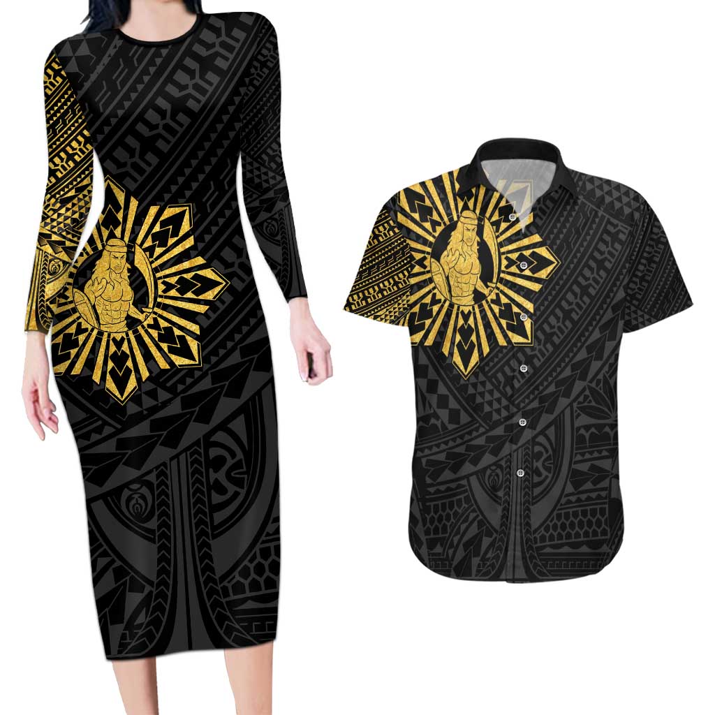 Philippines Tribal Couples Matching Long Sleeve Bodycon Dress and Hawaiian Shirt King Lapu Lapu Gold Version