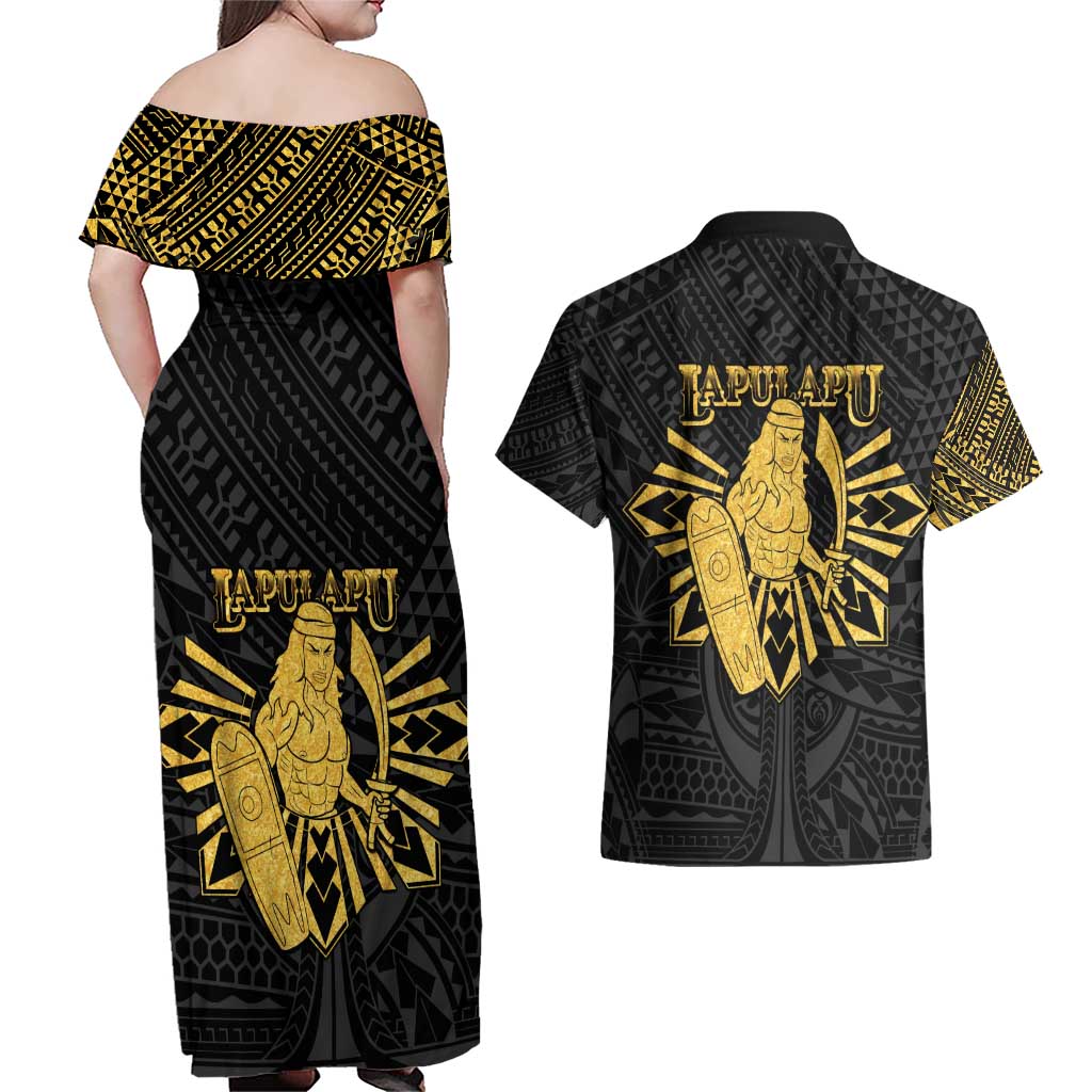 Philippines Tribal Couples Matching Off Shoulder Maxi Dress and Hawaiian Shirt King Lapu Lapu Gold Version