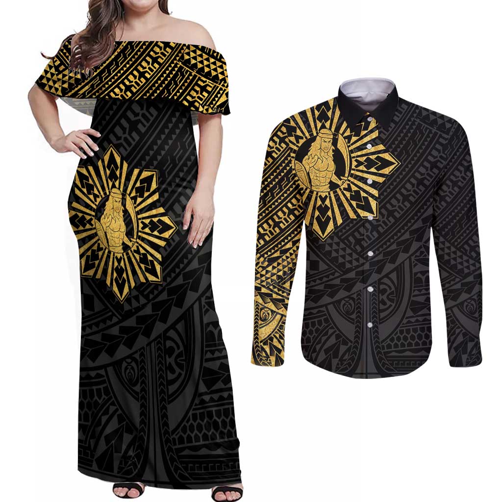 Philippines Tribal Couples Matching Off Shoulder Maxi Dress and Long Sleeve Button Shirt King Lapu Lapu Gold Version