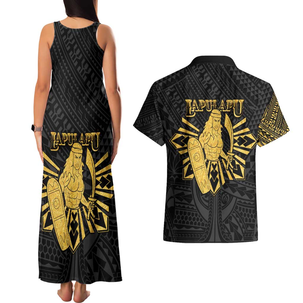 Philippines Tribal Couples Matching Tank Maxi Dress and Hawaiian Shirt King Lapu Lapu Gold Version