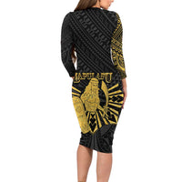 Philippines Tribal Family Matching Long Sleeve Bodycon Dress and Hawaiian Shirt King Lapu Lapu Gold Version