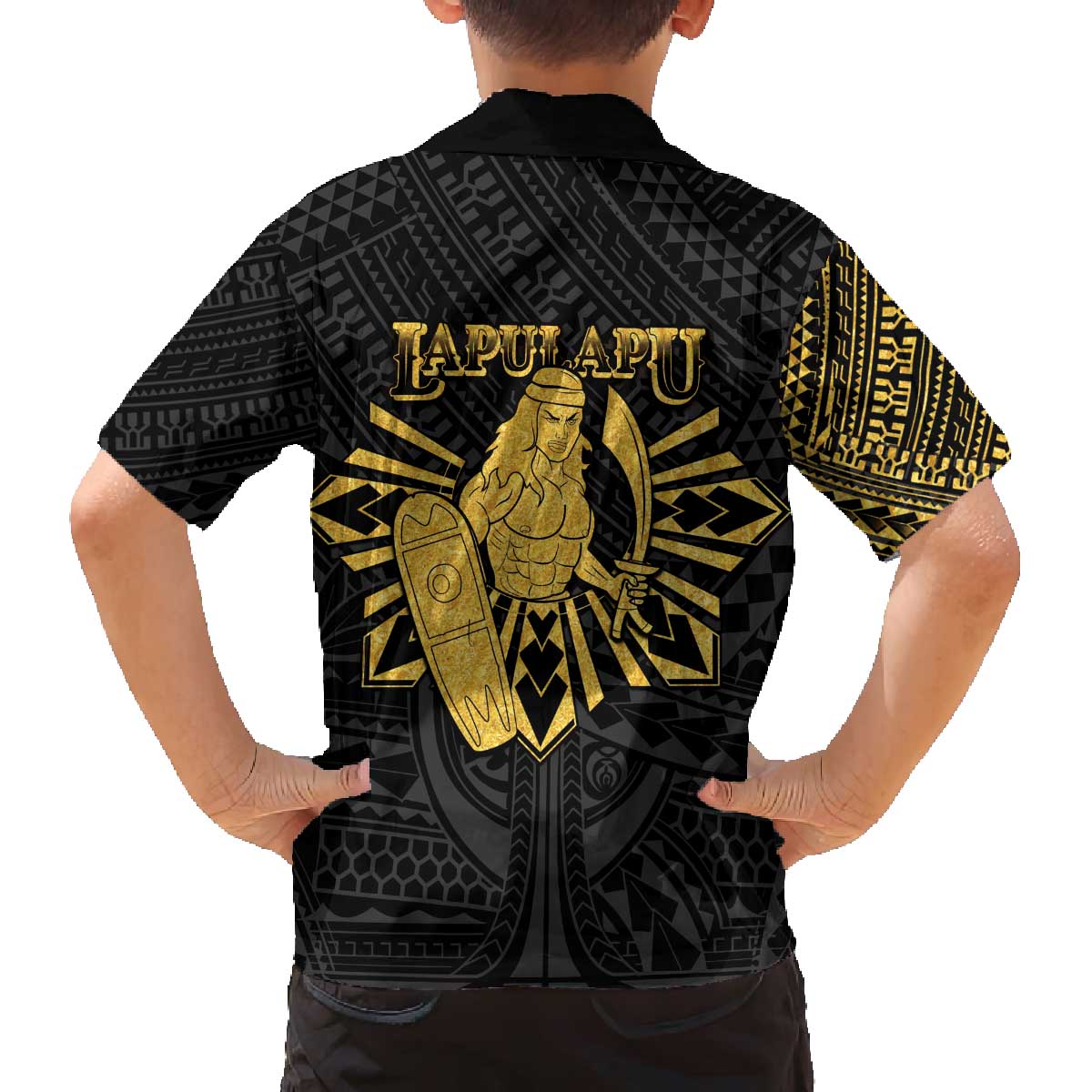 Philippines Tribal Family Matching Off The Shoulder Long Sleeve Dress and Hawaiian Shirt King Lapu Lapu Gold Version