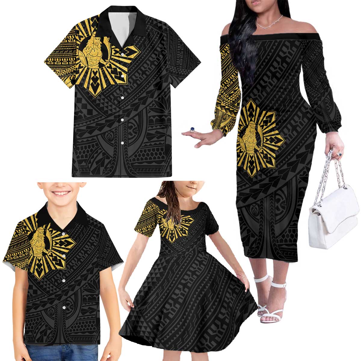 Philippines Tribal Family Matching Off The Shoulder Long Sleeve Dress and Hawaiian Shirt King Lapu Lapu Gold Version