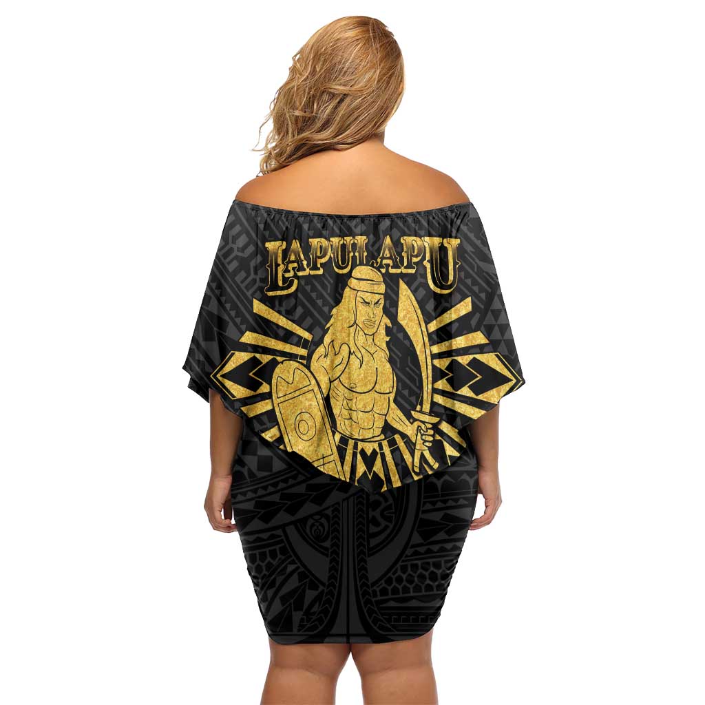 Philippines Tribal Family Matching Off Shoulder Short Dress and Hawaiian Shirt King Lapu Lapu Gold Version