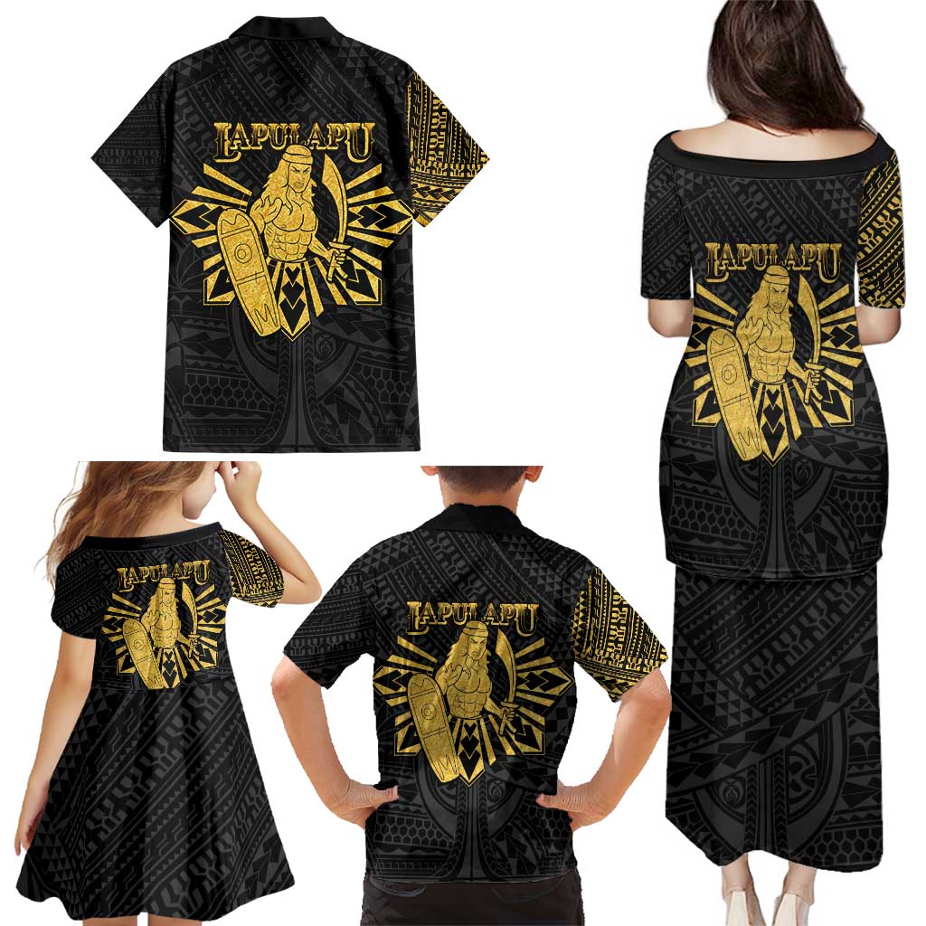Philippines Tribal Family Matching Puletasi and Hawaiian Shirt King Lapu Lapu Gold Version