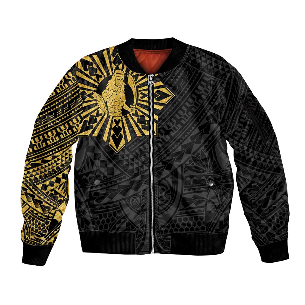 Philippines Tribal Sleeve Zip Bomber Jacket King Lapu Lapu Gold Version