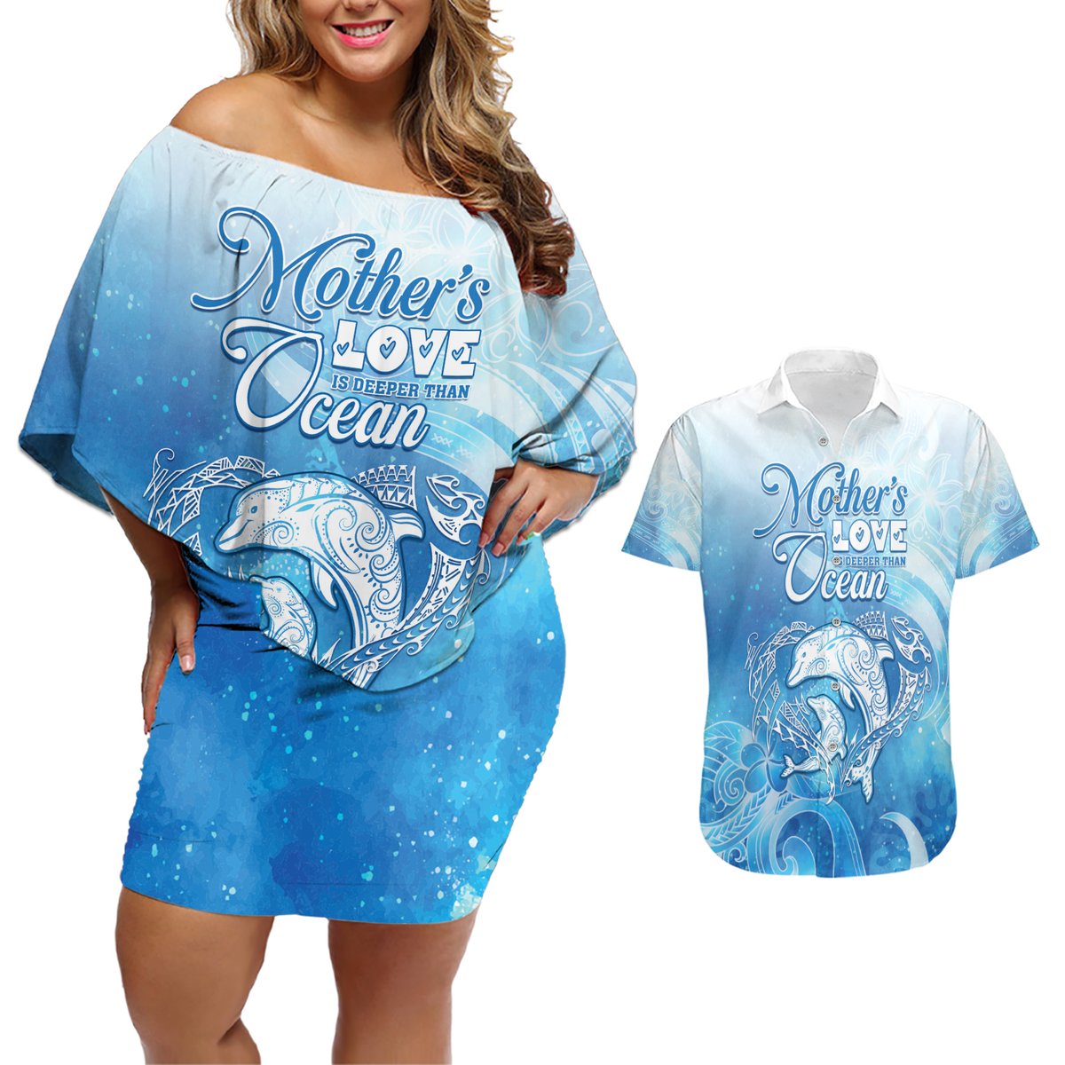 Mother's Love Is Deeper Than Ocean Couples Matching Off Shoulder Short Dress and Hawaiian Shirt Polynesian Style LT05 Blue - Polynesian Pride
