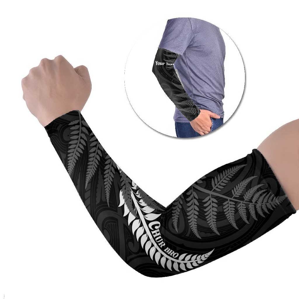 Personalised New Zealand Chur Bro Arm Sleeves Maori Koru With Silver Fern LT05 Set of 2 Black - Polynesian Pride