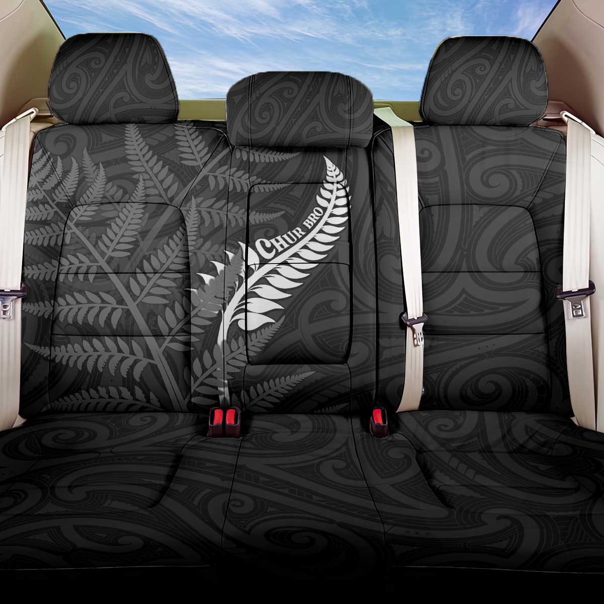 New Zealand Chur Bro Back Car Seat Cover Maori Koru With Silver Fern LT05 One Size Black - Polynesian Pride