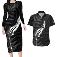 Personalised New Zealand Chur Bro Couples Matching Long Sleeve Bodycon Dress and Hawaiian Shirt Maori Koru With Silver Fern LT05 Black - Polynesian Pride