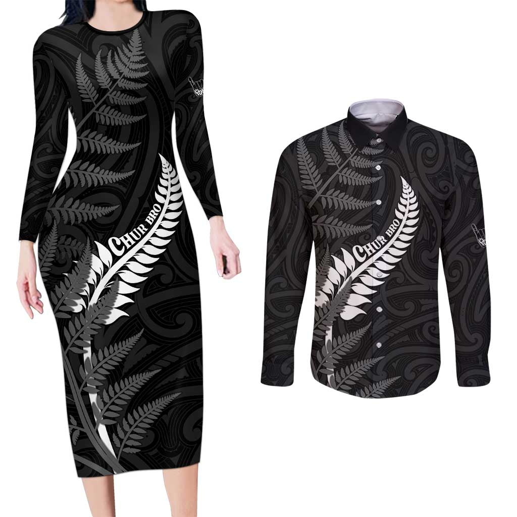 Personalised New Zealand Chur Bro Couples Matching Long Sleeve Bodycon Dress and Long Sleeve Button Shirt Maori Koru With Silver Fern