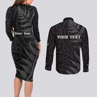 Personalised New Zealand Chur Bro Couples Matching Long Sleeve Bodycon Dress and Long Sleeve Button Shirt Maori Koru With Silver Fern