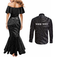Personalised New Zealand Chur Bro Couples Matching Mermaid Dress and Long Sleeve Button Shirt Maori Koru With Silver Fern