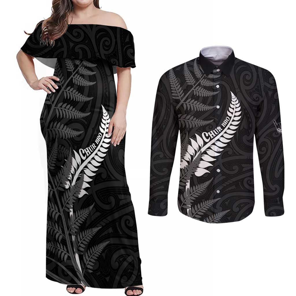 Personalised New Zealand Chur Bro Couples Matching Off Shoulder Maxi Dress and Long Sleeve Button Shirt Maori Koru With Silver Fern LT05 Black - Polynesian Pride