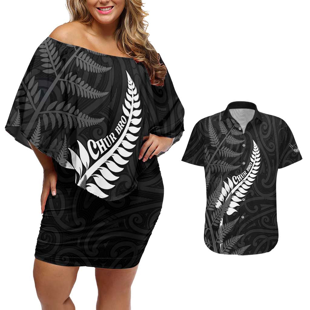 Personalised New Zealand Chur Bro Couples Matching Off Shoulder Short Dress and Hawaiian Shirt Maori Koru With Silver Fern LT05 Black - Polynesian Pride