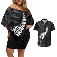 Personalised New Zealand Chur Bro Couples Matching Off Shoulder Short Dress and Hawaiian Shirt Maori Koru With Silver Fern