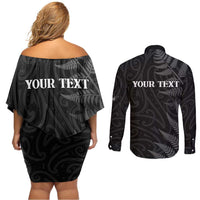 Personalised New Zealand Chur Bro Couples Matching Off Shoulder Short Dress and Long Sleeve Button Shirt Maori Koru With Silver Fern LT05 - Polynesian Pride