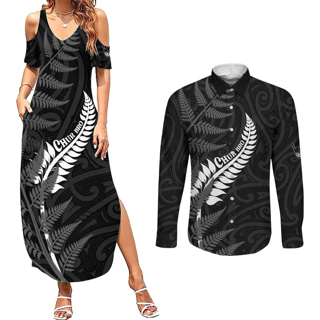 Personalised New Zealand Chur Bro Couples Matching Summer Maxi Dress and Long Sleeve Button Shirt Maori Koru With Silver Fern LT05 Black - Polynesian Pride