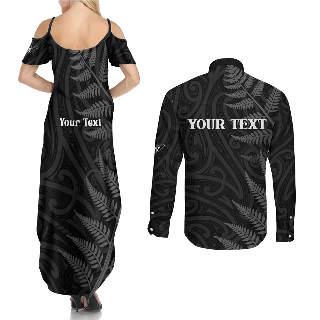 Personalised New Zealand Chur Bro Couples Matching Summer Maxi Dress and Long Sleeve Button Shirt Maori Koru With Silver Fern LT05 - Polynesian Pride