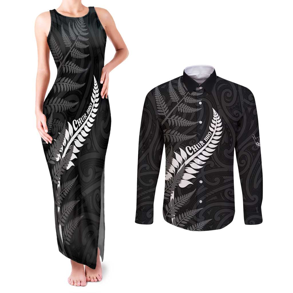Personalised New Zealand Chur Bro Couples Matching Tank Maxi Dress and Long Sleeve Button Shirt Maori Koru With Silver Fern LT05 Black - Polynesian Pride