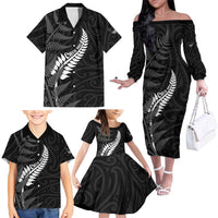 Personalised New Zealand Chur Bro Family Matching Off The Shoulder Long Sleeve Dress and Hawaiian Shirt Maori Koru With Silver Fern LT05 - Polynesian Pride