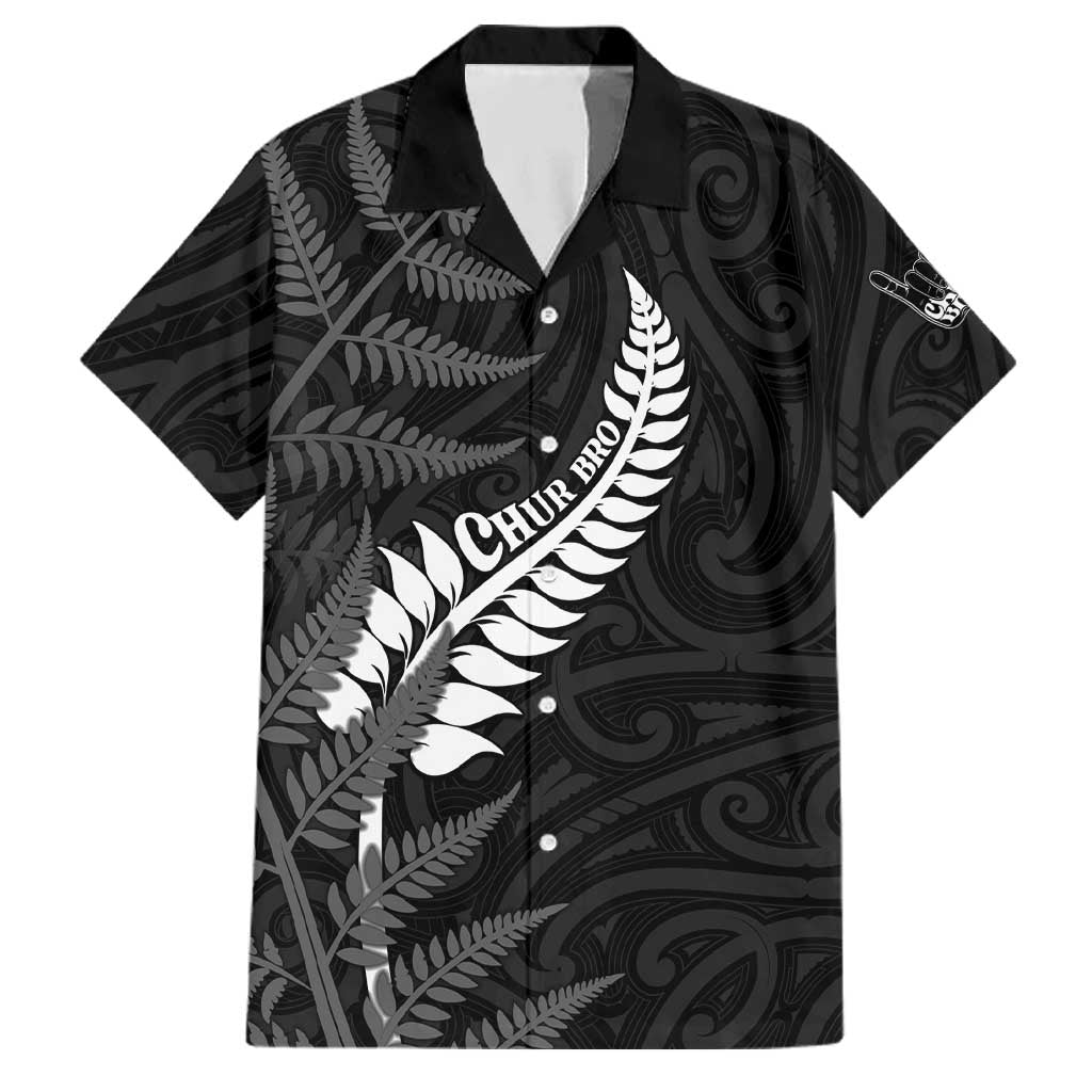 Personalised New Zealand Chur Bro Family Matching Off The Shoulder Long Sleeve Dress and Hawaiian Shirt Maori Koru With Silver Fern LT05 Dad's Shirt - Short Sleeve Black - Polynesian Pride