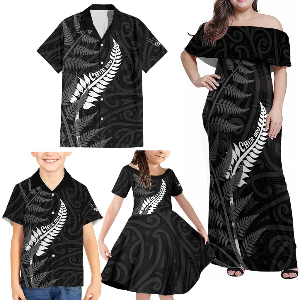 Personalised New Zealand Chur Bro Family Matching Off Shoulder Maxi Dress and Hawaiian Shirt Maori Koru With Silver Fern
