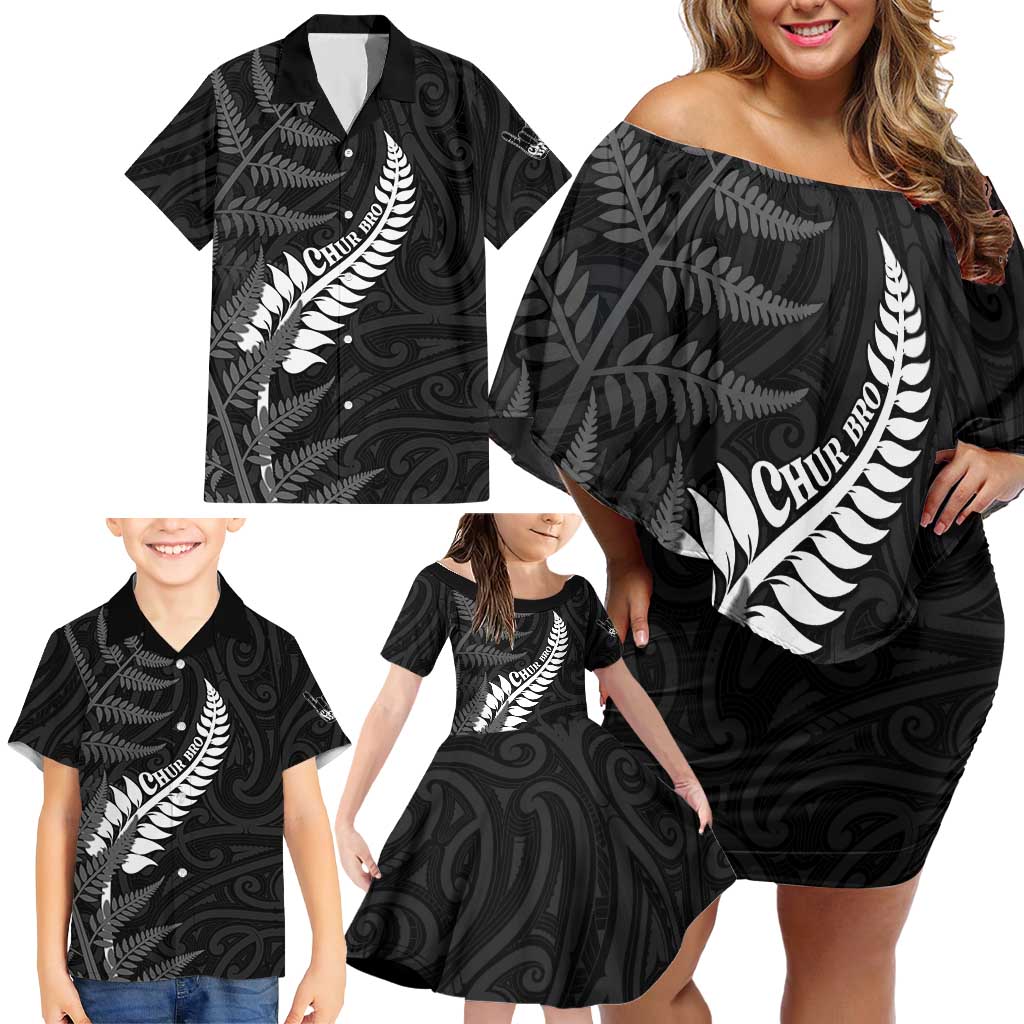 Personalised New Zealand Chur Bro Family Matching Off Shoulder Short Dress and Hawaiian Shirt Maori Koru With Silver Fern LT05 - Polynesian Pride
