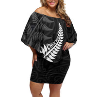 Personalised New Zealand Chur Bro Family Matching Off Shoulder Short Dress and Hawaiian Shirt Maori Koru With Silver Fern LT05 Mom's Dress Black - Polynesian Pride