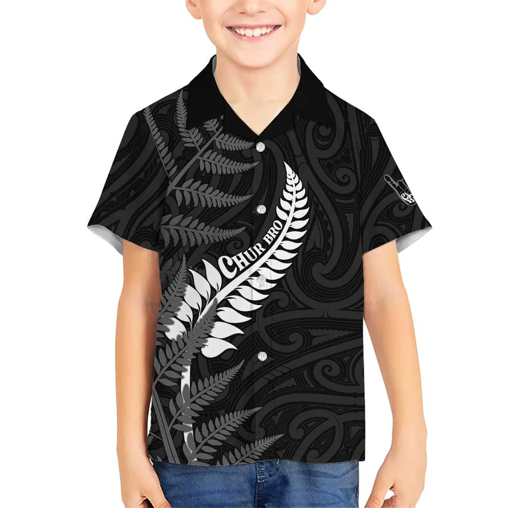 Personalised New Zealand Chur Bro Family Matching Puletasi and Hawaiian Shirt Maori Koru With Silver Fern LT05 Son's Shirt Black - Polynesian Pride