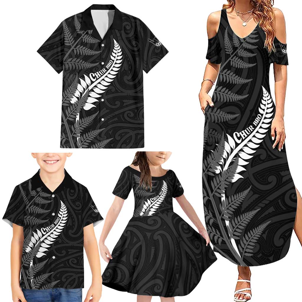 Personalised New Zealand Chur Bro Family Matching Summer Maxi Dress and Hawaiian Shirt Maori Koru With Silver Fern LT05 - Polynesian Pride