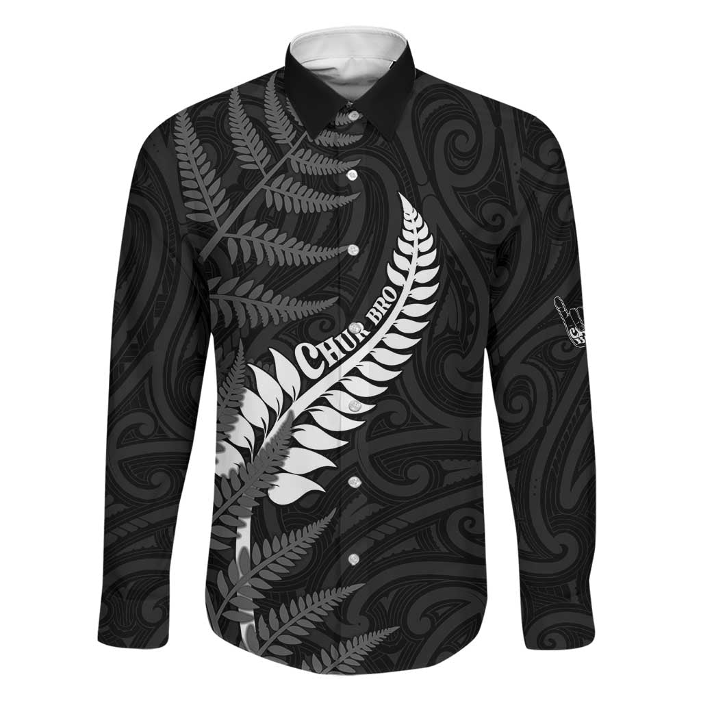Personalised New Zealand Chur Bro Family Matching Summer Maxi Dress and Hawaiian Shirt Maori Koru With Silver Fern LT05 Dad's Shirt - Long Sleeve Black - Polynesian Pride