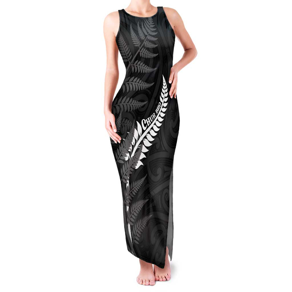 Personalised New Zealand Chur Bro Family Matching Tank Maxi Dress and Hawaiian Shirt Maori Koru With Silver Fern LT05 Mom's Dress Black - Polynesian Pride