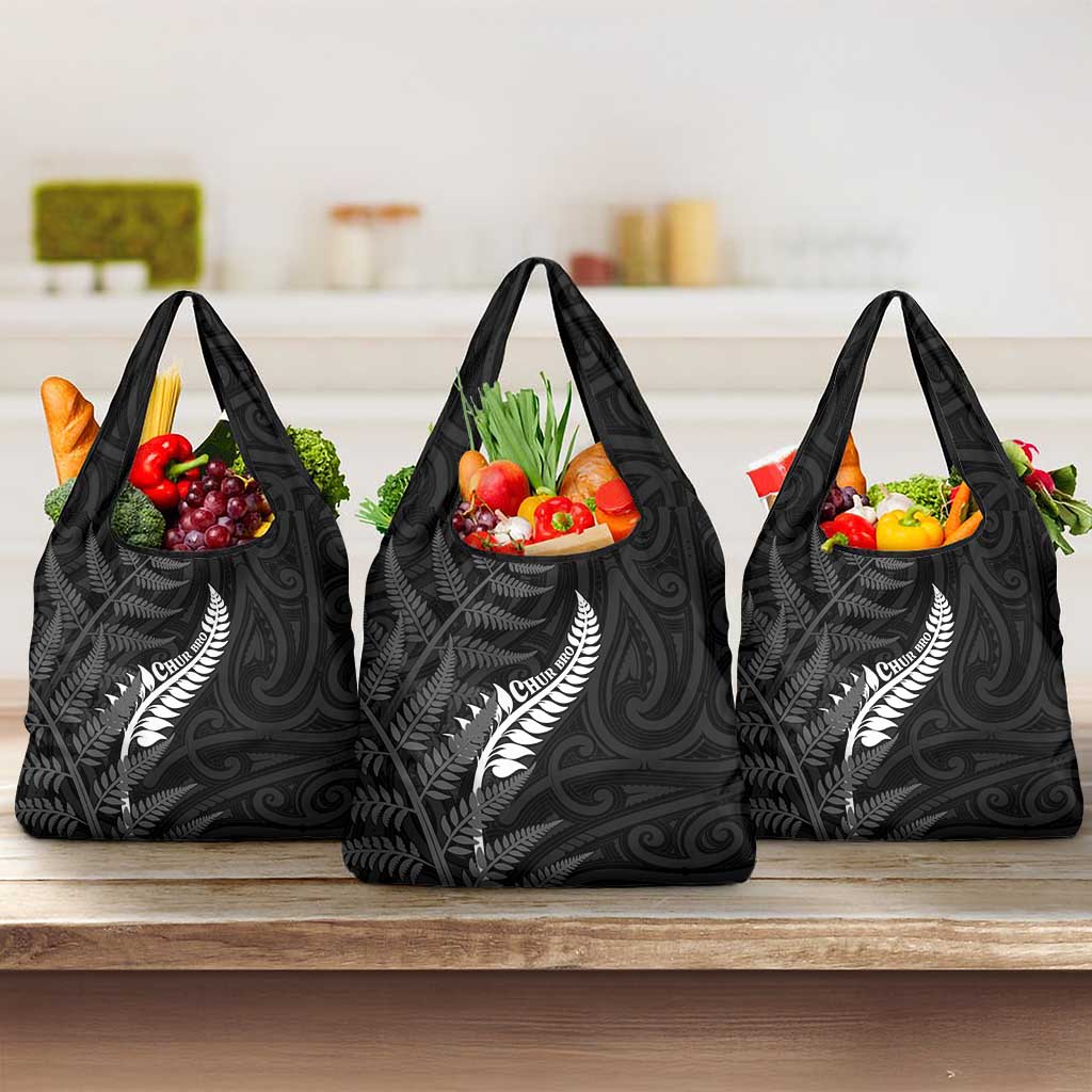 New Zealand Chur Bro Grocery Bag Maori Koru With Silver Fern LT05 3-pack One Size Black - Polynesian Pride