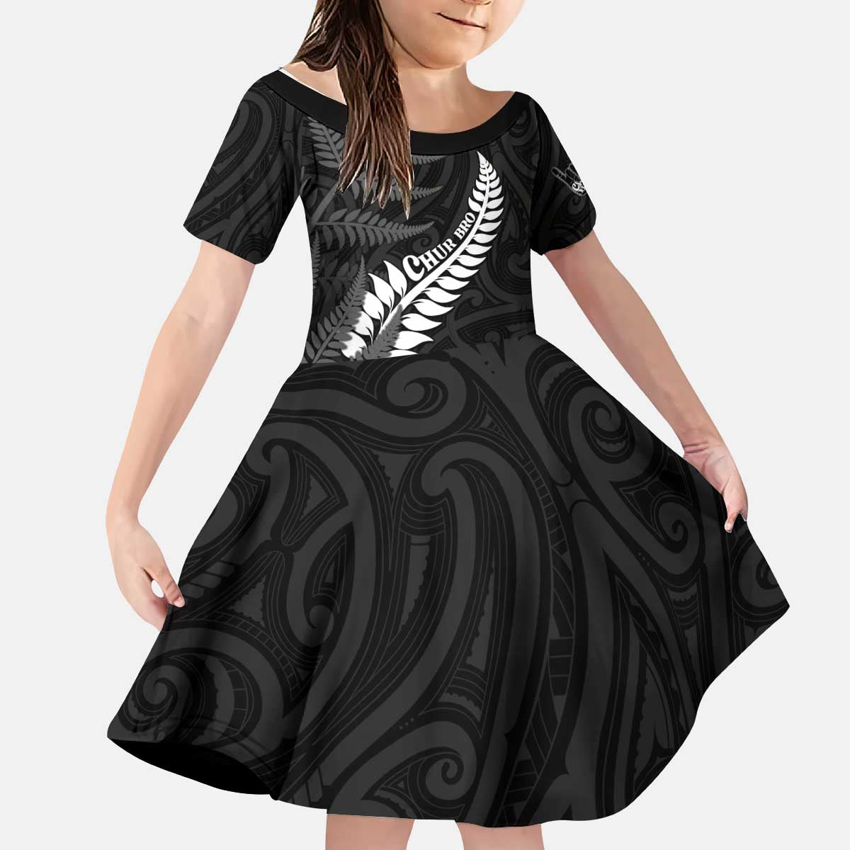 Personalised New Zealand Chur Bro Kid Short Sleeve Dress Maori Koru With Silver Fern LT05 KID Black - Polynesian Pride