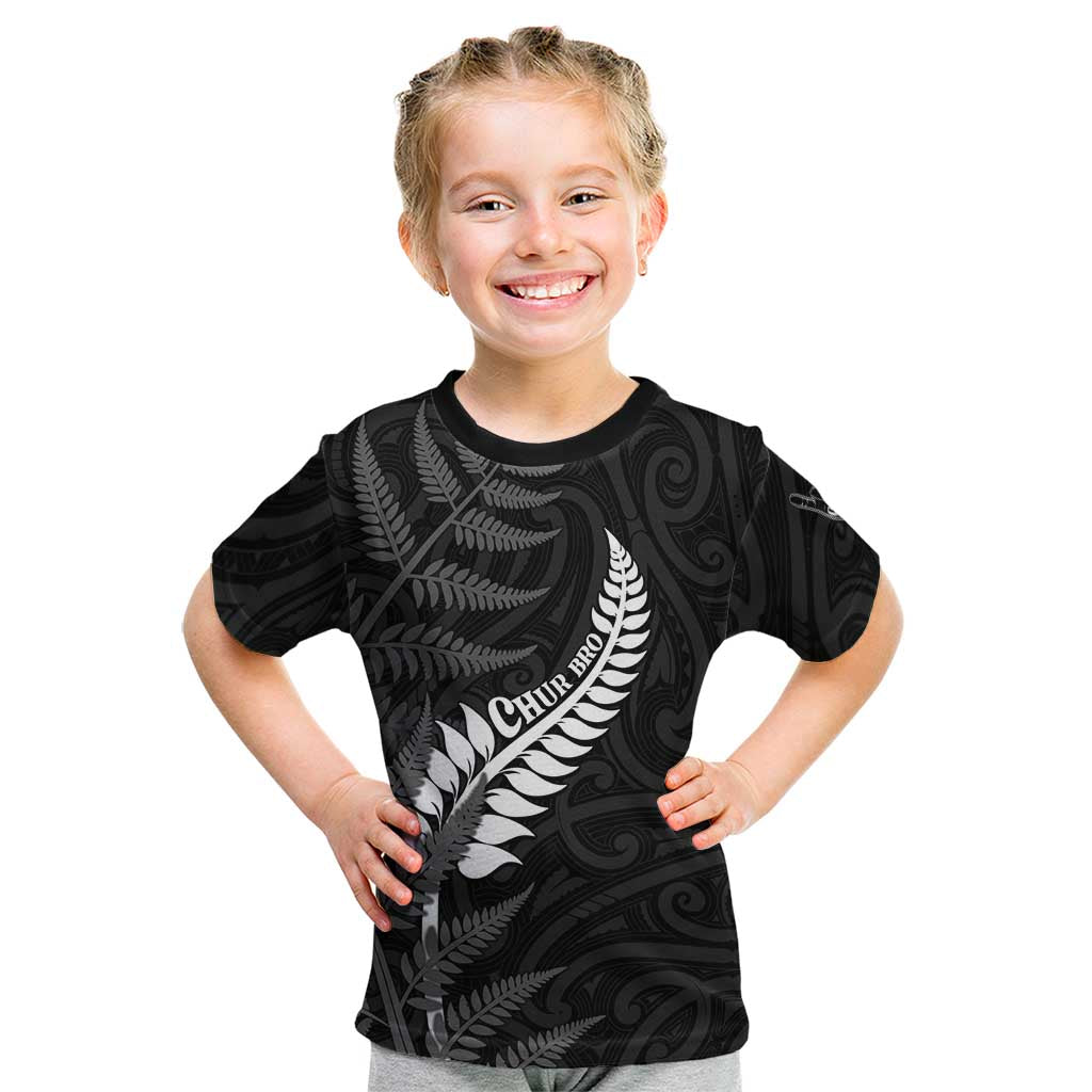 Personalised New Zealand Chur Bro Kid T Shirt Maori Koru With Silver Fern LT05 Black - Polynesian Pride