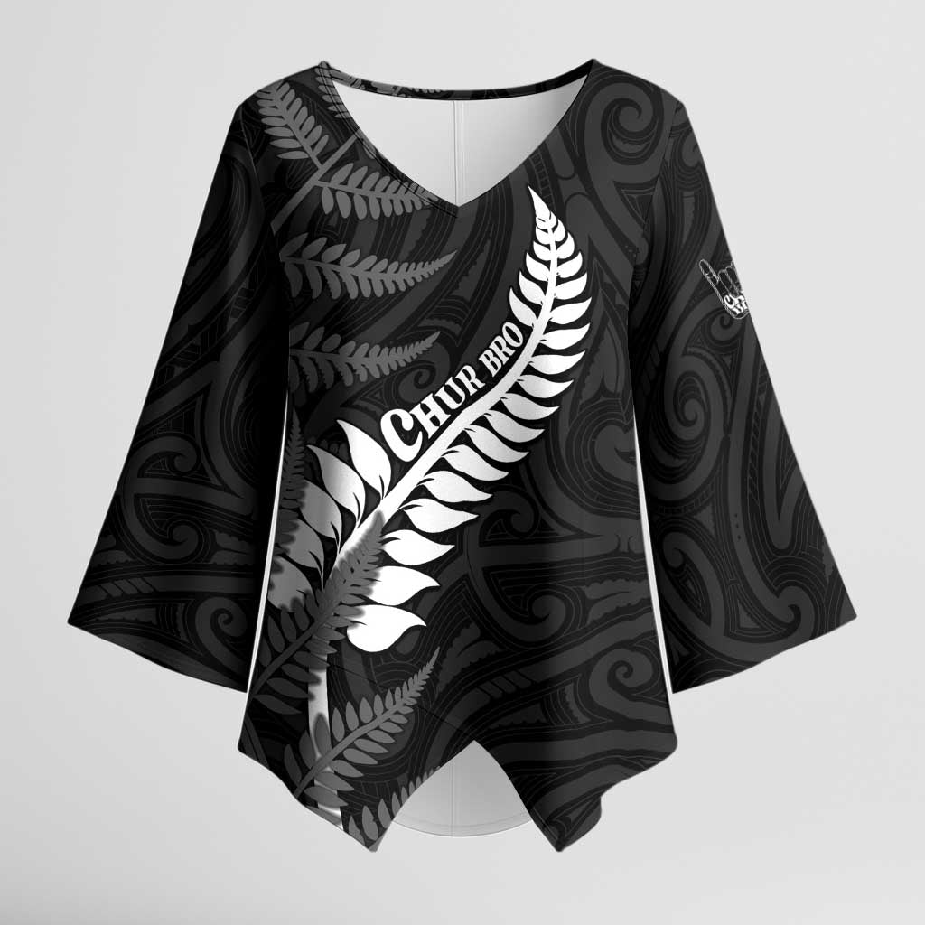 Personalised New Zealand Chur Bro Kimono Sleeve Blouse Maori Koru With Silver Fern LT05 Female Black - Polynesian Pride