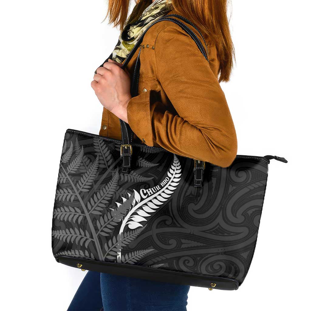 New Zealand Chur Bro Leather Tote Bag Maori Koru With Silver Fern LT05 Black - Polynesian Pride
