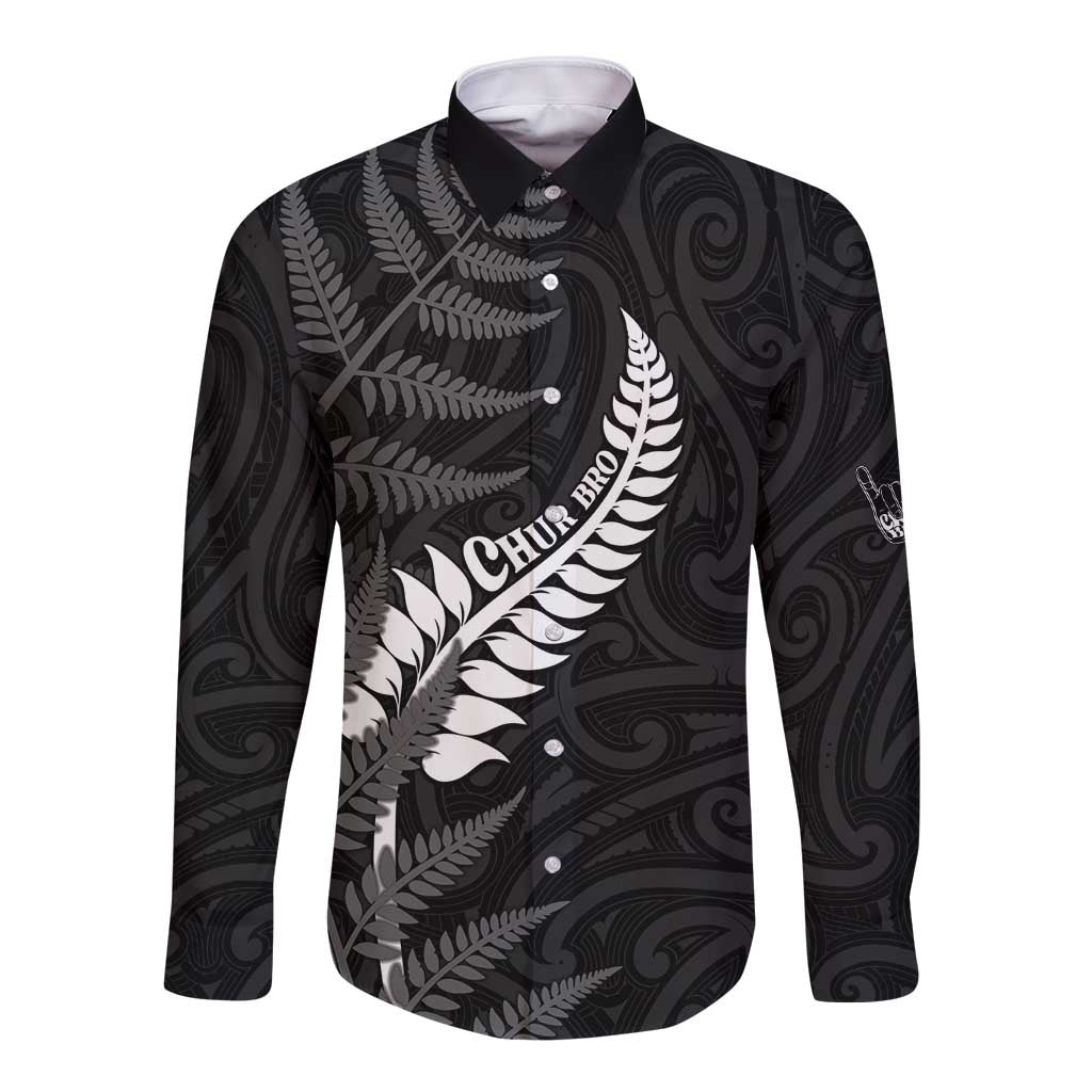 Personalised New Zealand Chur Bro Long Sleeve Button Shirt Maori Koru With Silver Fern LT05 Unisex Black - Polynesian Pride