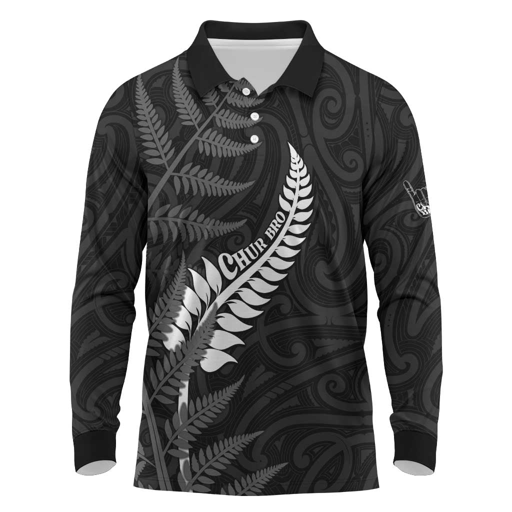 Personalised New Zealand Chur Bro Long Sleeve Polo Shirt Maori Koru With Silver Fern LT05 Black - Polynesian Pride
