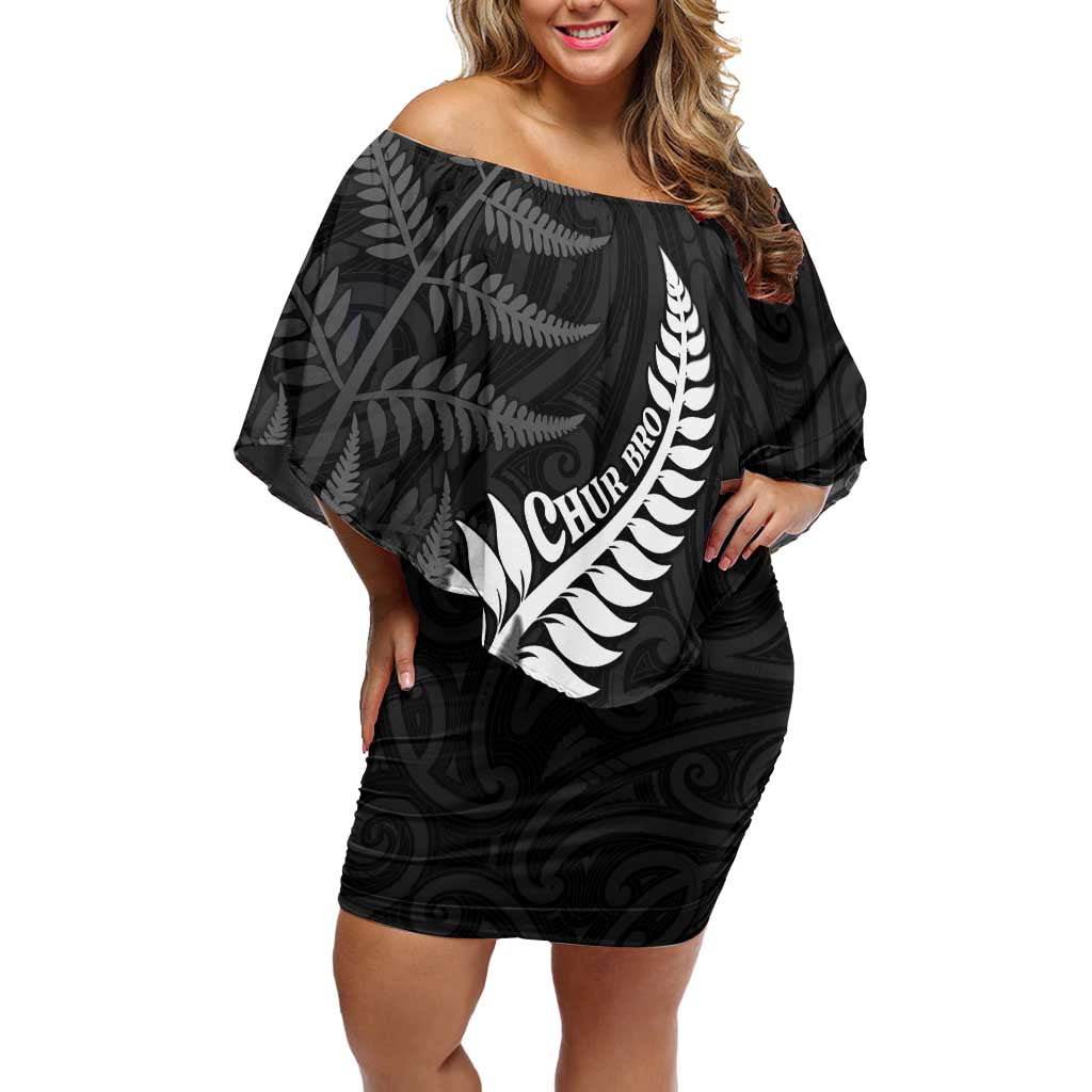 Personalised New Zealand Chur Bro Off Shoulder Short Dress Maori Koru With Silver Fern