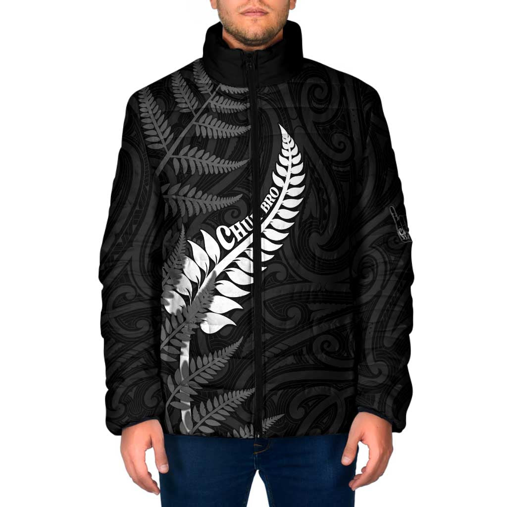 Personalised New Zealand Chur Bro Padded Jacket Maori Koru With Silver Fern