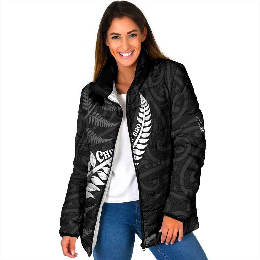 Personalised New Zealand Chur Bro Padded Jacket Maori Koru With Silver Fern